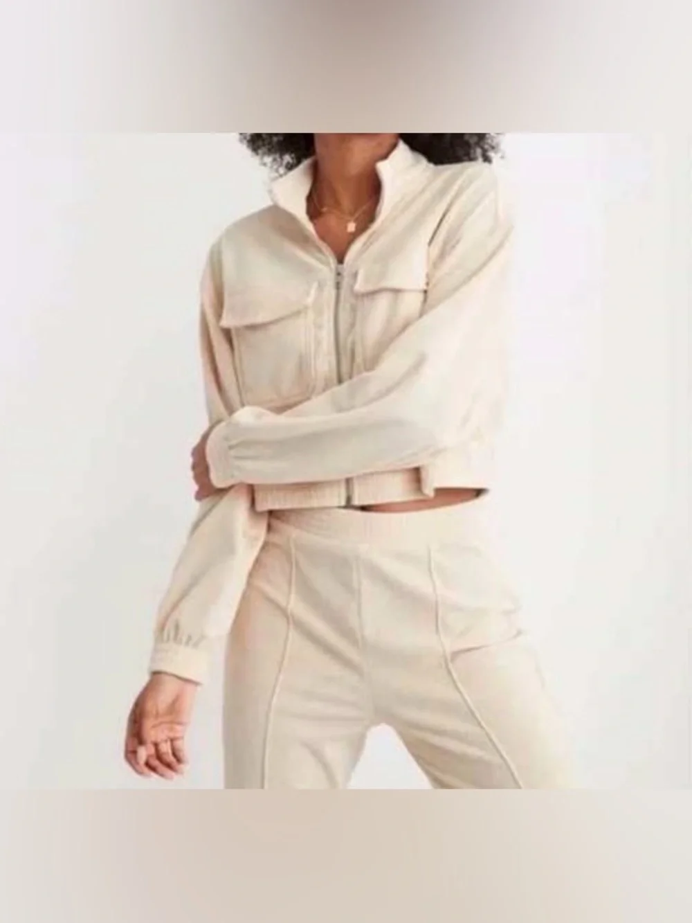 Aerie Cream Cropped Corduroy Zip Up Jacket XS Utility Mock Neck Fall Staple